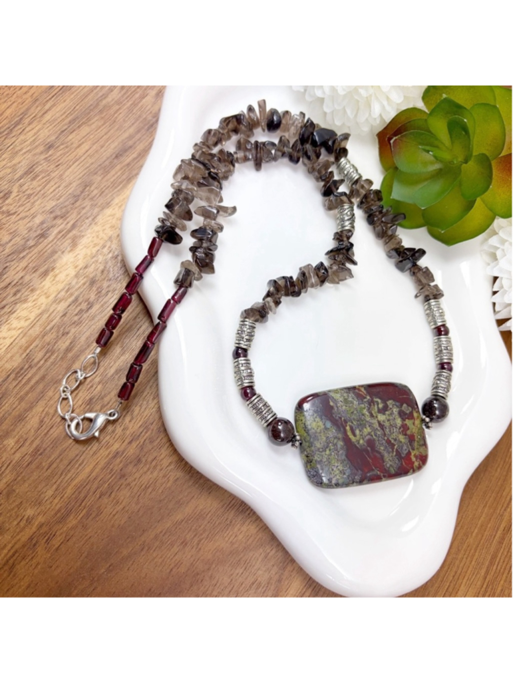 Vintage Necklace Dragon's Blood Jasper Smokey Quartz Garnet Sterling Silver - Picture 4 of 8
